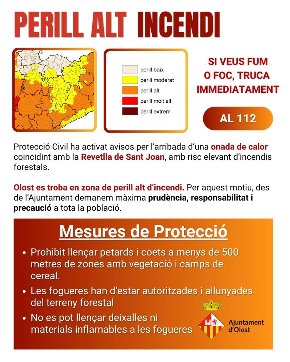 Avís per alt perill d'incendi a Olost